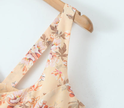 Elegant Square Neck Flower Print Maxi Dresses