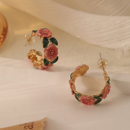 Vintage Camellia Enamel Drip Glaze Hoop Earrings