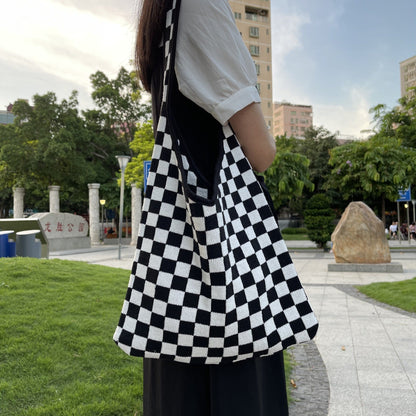 Black & Withe Plaid Color Block Knit Tote Shoulder Bag