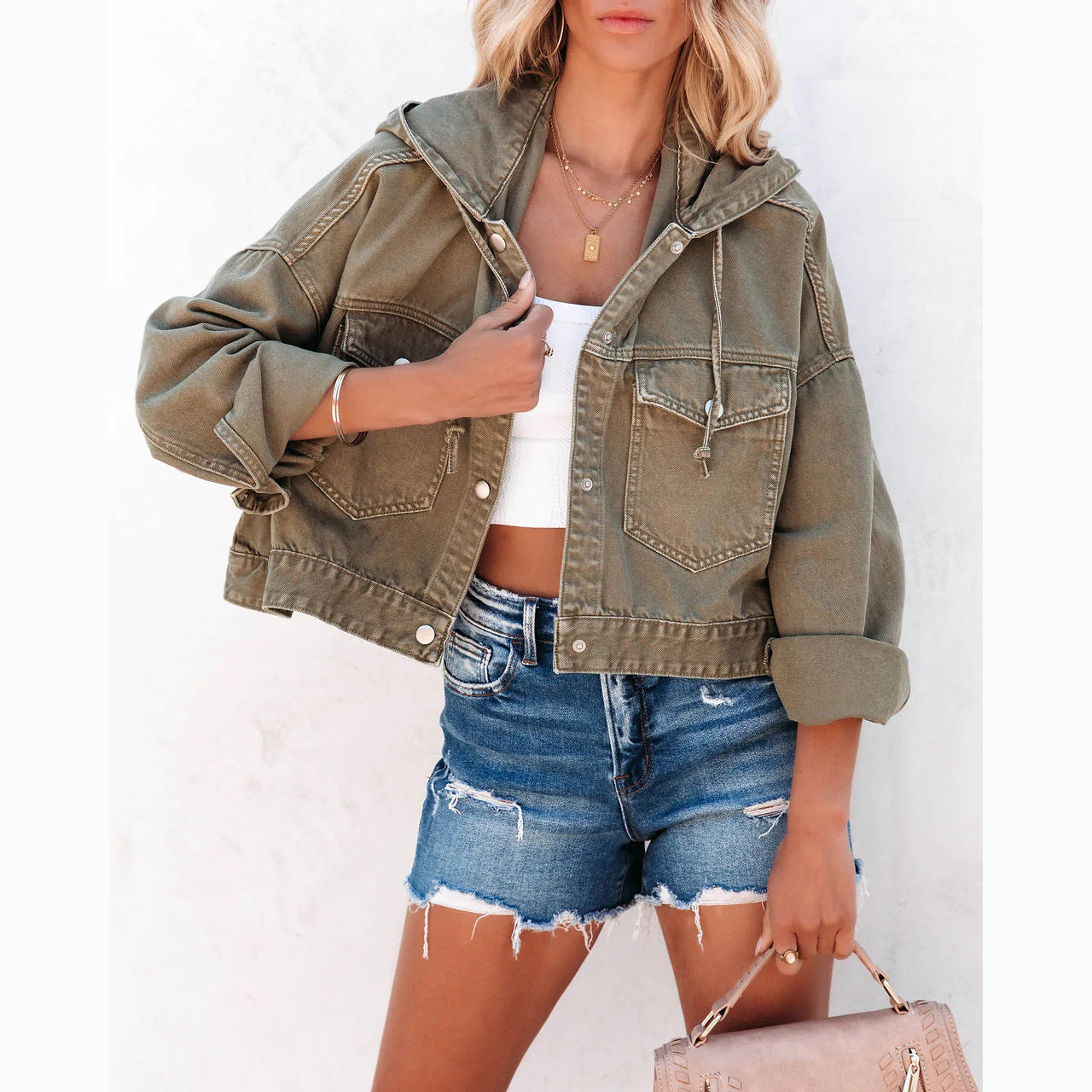 Casual Solid Color Drawstring Hooded Jacket