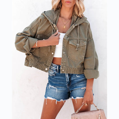 Casual Solid Color Drawstring Hooded Jacket
