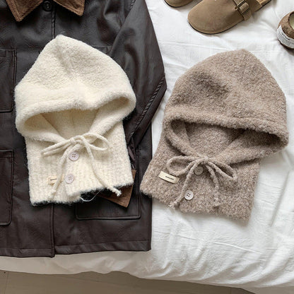 Solid Color Button One-Piece Hat & Scarf