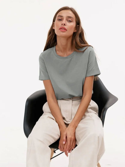 Solid Color Round Neck Loose Short Sleeves Top