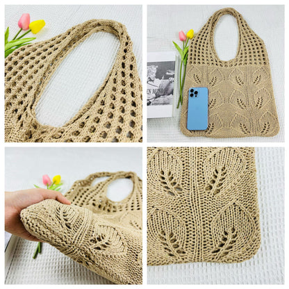 Solid Color Hollow Out Knit Shoulder Tote Bag
