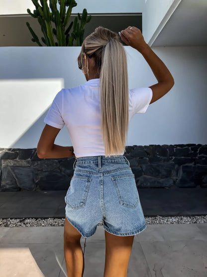 Rhinestone High Waist Denim Shorts