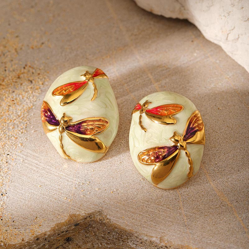 Asymmetrical Oval Enamel Dragonfly Stud Earring