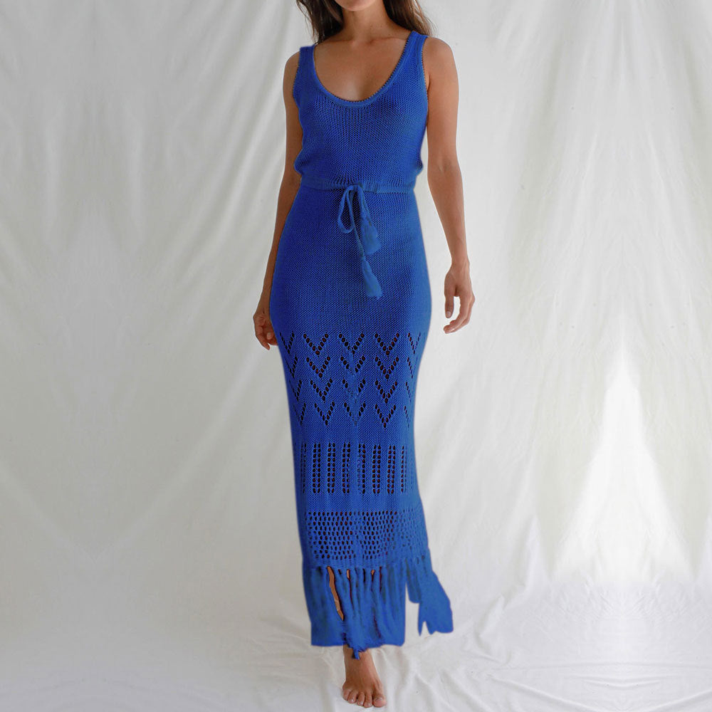 Solid Color Hollow Out Tassel Dress Cover Up