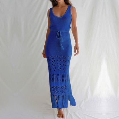 Solid Color Hollow Out Tassel Dress Cover Up