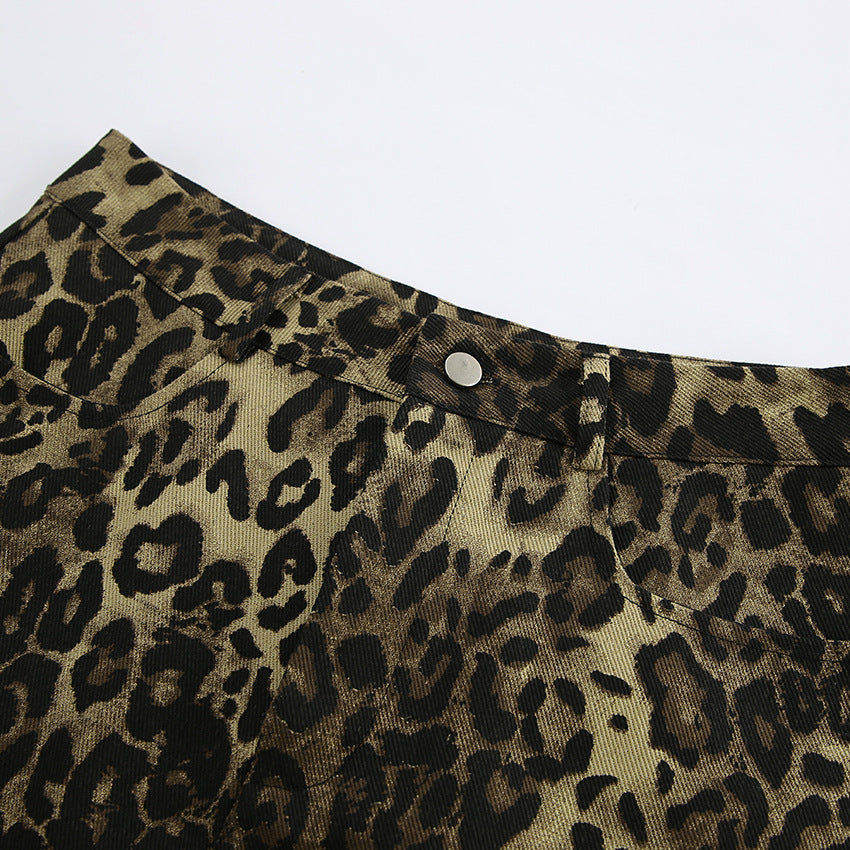 Retro Leopard Print Slim Denim Shorts