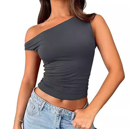 One Shoulder Solid Colot Short Top