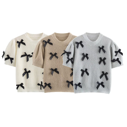 Elegant Crew Neck Bow Decor Sweater Top