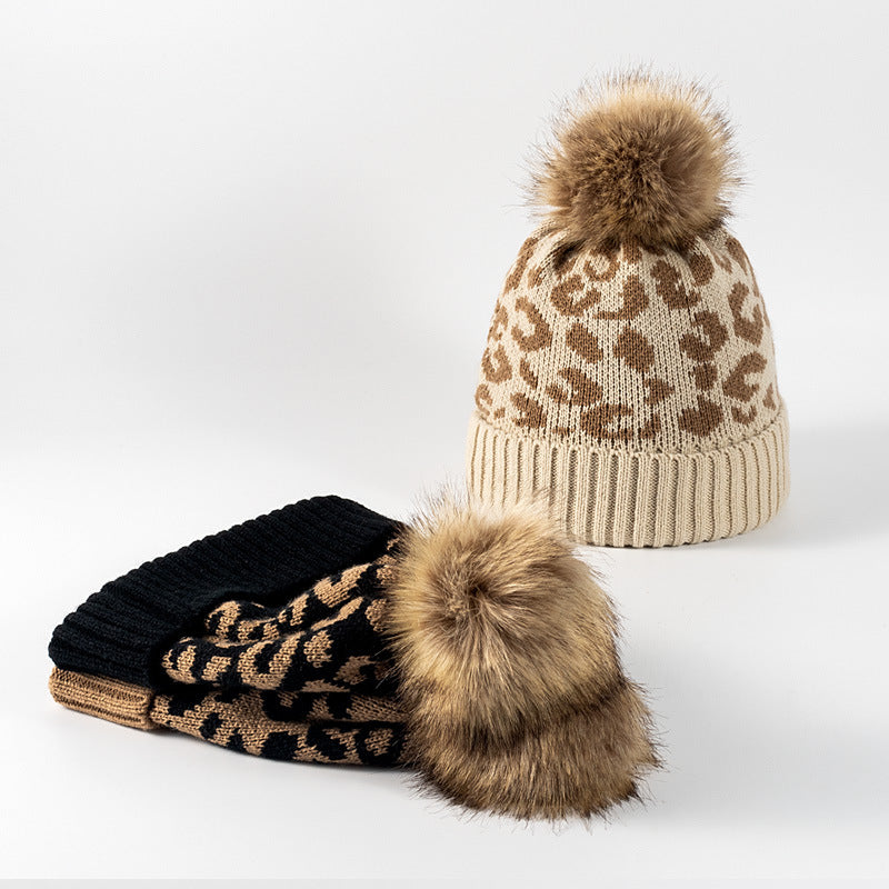 Leopard Print Warm Knit Pom Beanie
