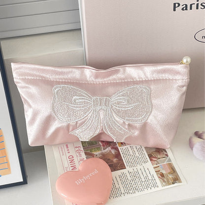 Cute Embroidered Bow Satin Makeup Bag