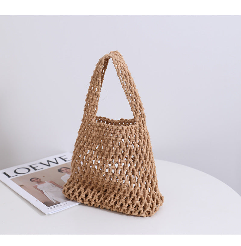 Solid Color Hollow Out Woven Handbag