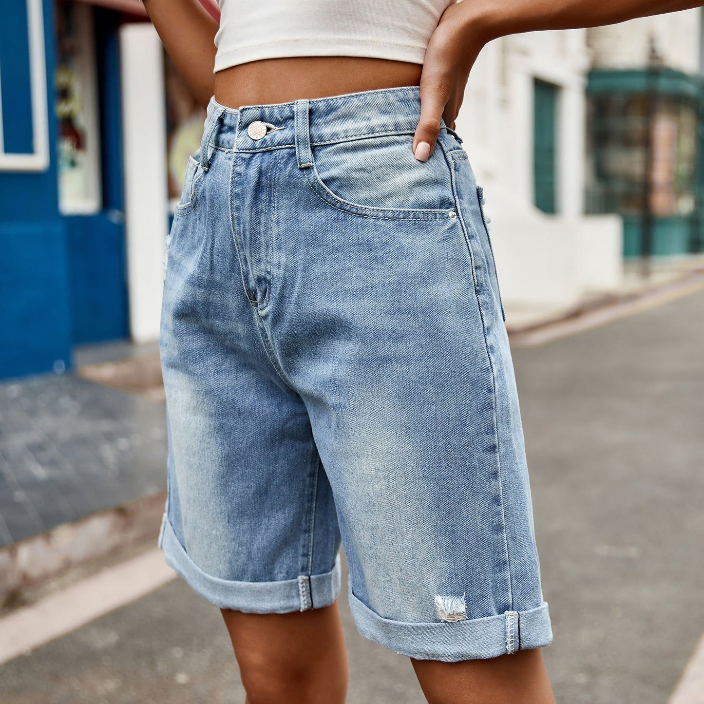 Distressed Folded Denim Bermuda Shorts