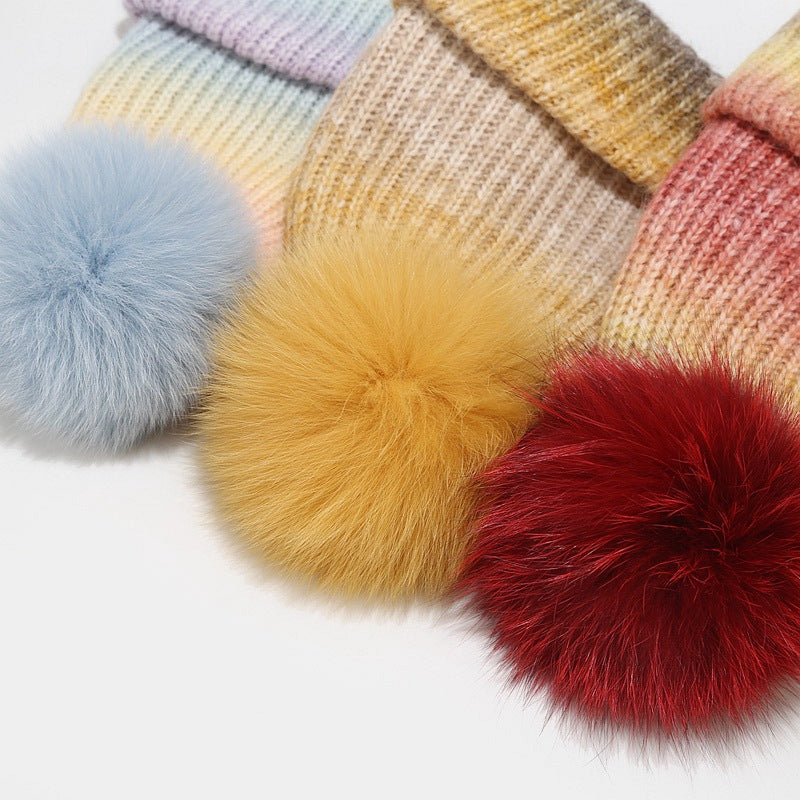 Gradient Contrast Color Cute Knit Pom Beanie