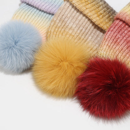 Gradient Contrast Color Cute Knit Pom Beanie