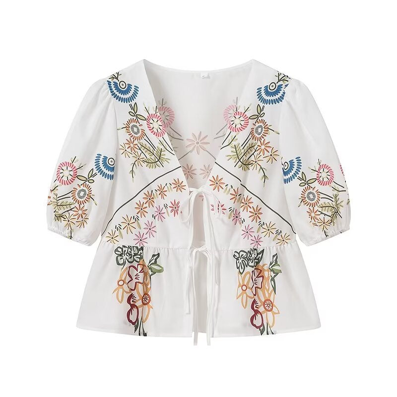 Trendy Flower Printed Tie Front Crop Top