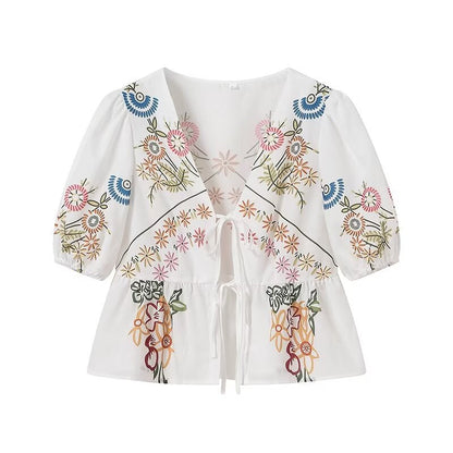 Trendy Flower Printed Tie Front Crop Top