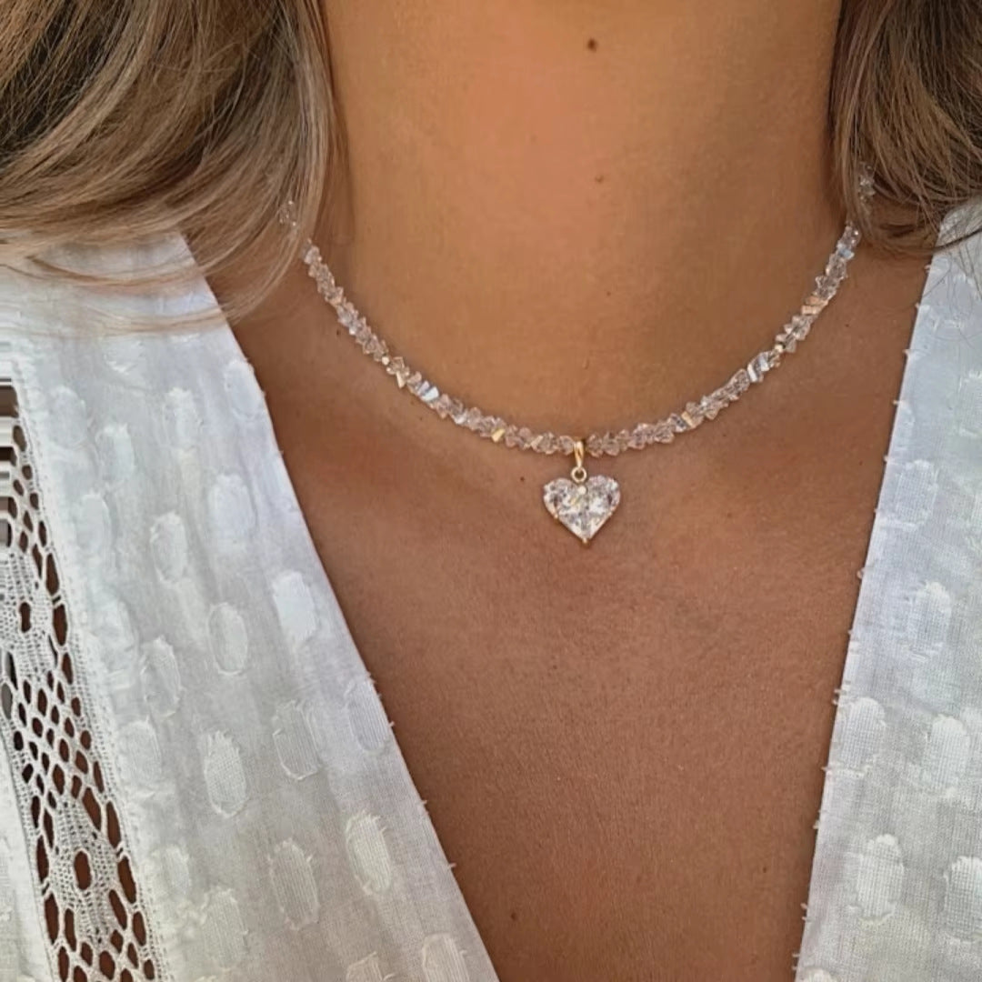 Crystal Beaded Heart Pendant Choker Necklace