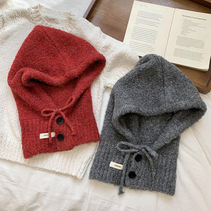 Solid Color Button One-Piece Hat & Scarf