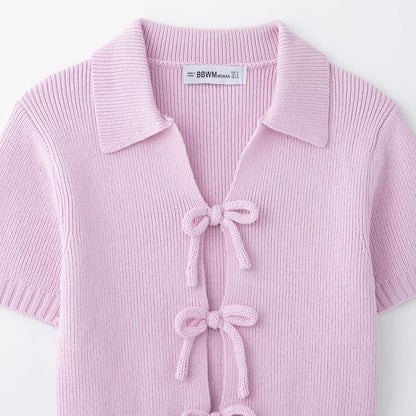 Sweet String Front Short Sleeves Knit Tops