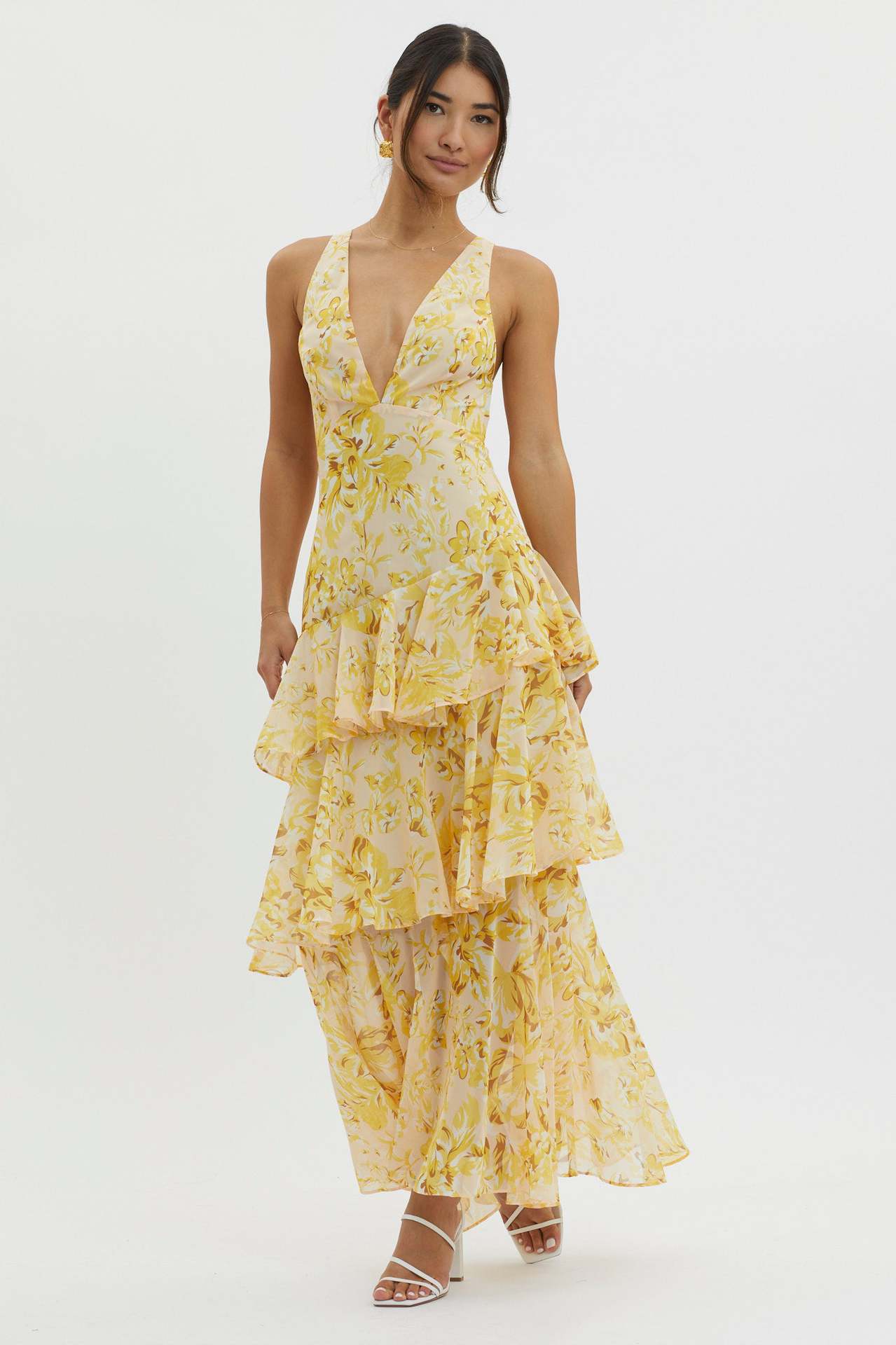 V-Neck Print Backless Flounce Sexy Dress