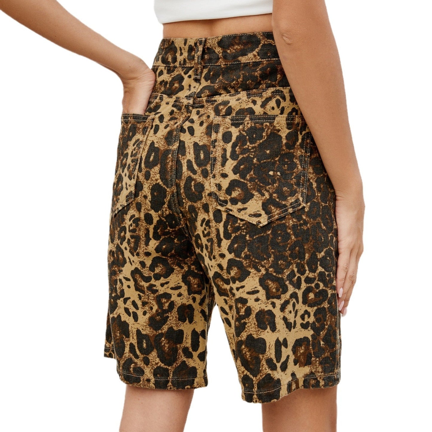 Retro Leopard Print Casual Denim Shorts