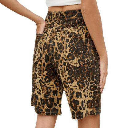 Retro Leopard Print Casual Denim Shorts
