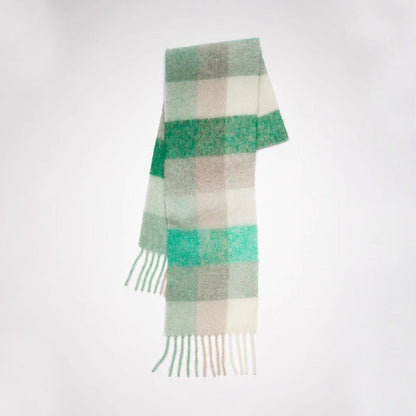Cozy Color Block Plaid Fringed Knit Scarf