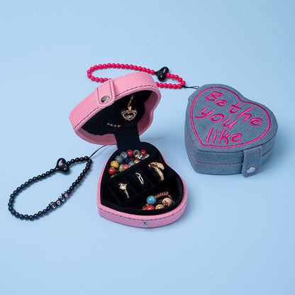 Vintage Heart Shape Embroidered Flower Jewelry Case