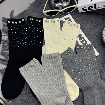 Rhinestone Ribbed Sweet Cotton Socks