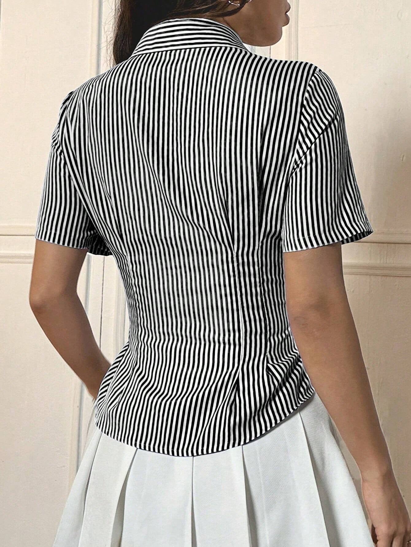 Elegant Color Block Striped Short Sleeve Shirt