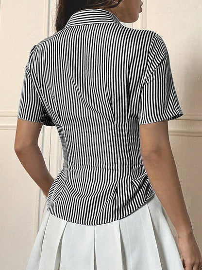 Elegant Color Block Striped Short Sleeve Shirt