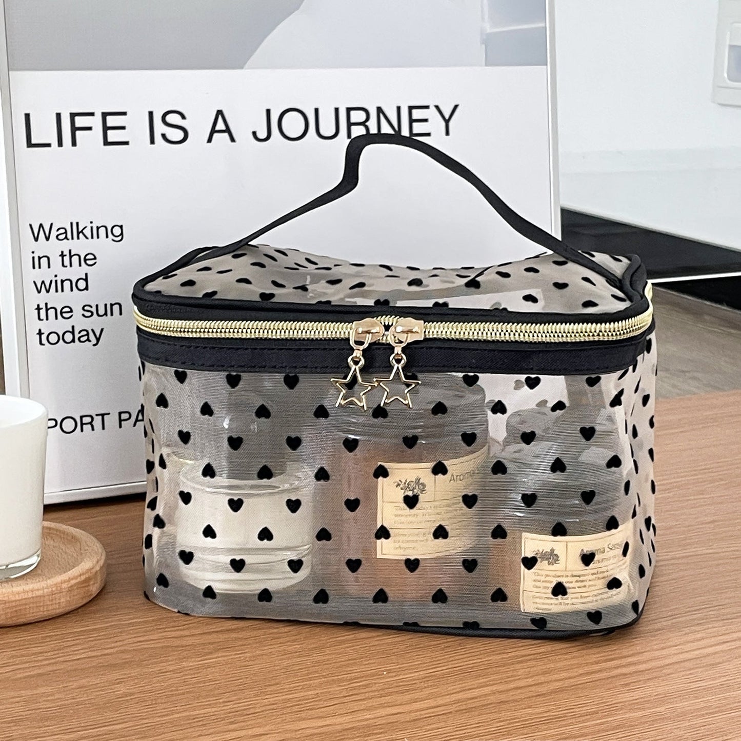 Love Print See Through Mesh Make Up Bag