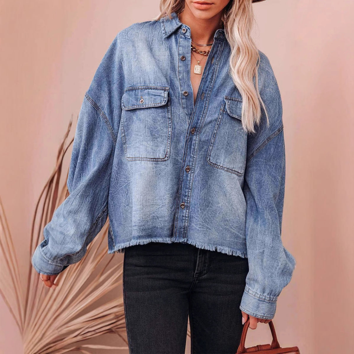 Loose Lapel Collar Long Sleeve Denim Shirt