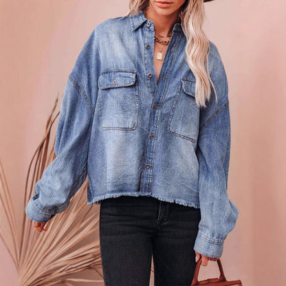 Loose Lapel Collar Long Sleeve Denim Shirt