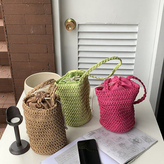 Solid Color Braided Bucket Shoulder Bag