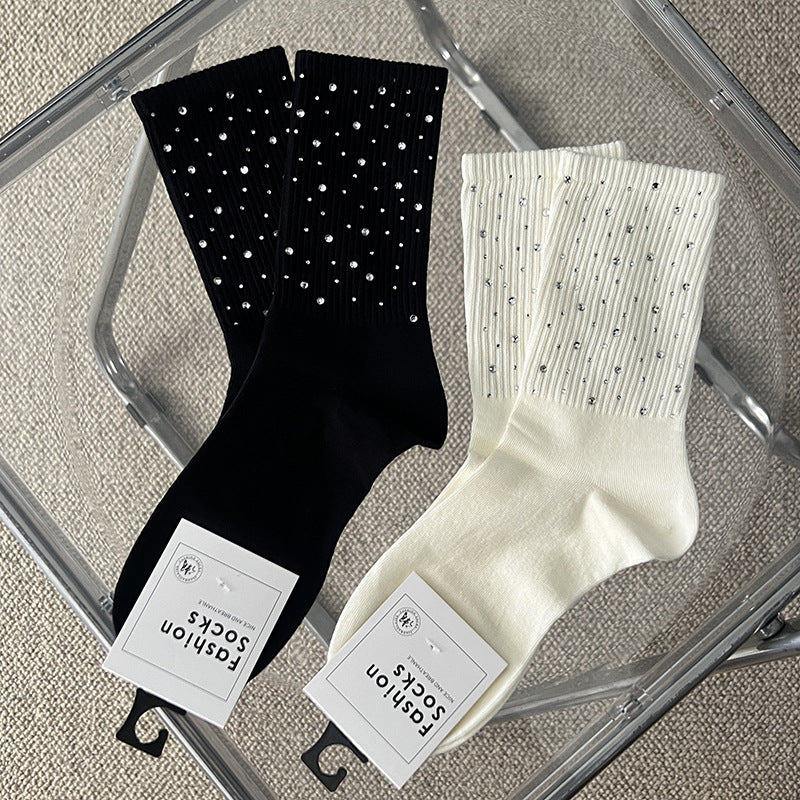 Rhinestone Ribbed Simple Cotton Socks