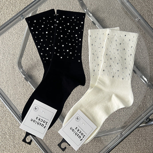Rhinestone Ribbed Simple Cotton Socks