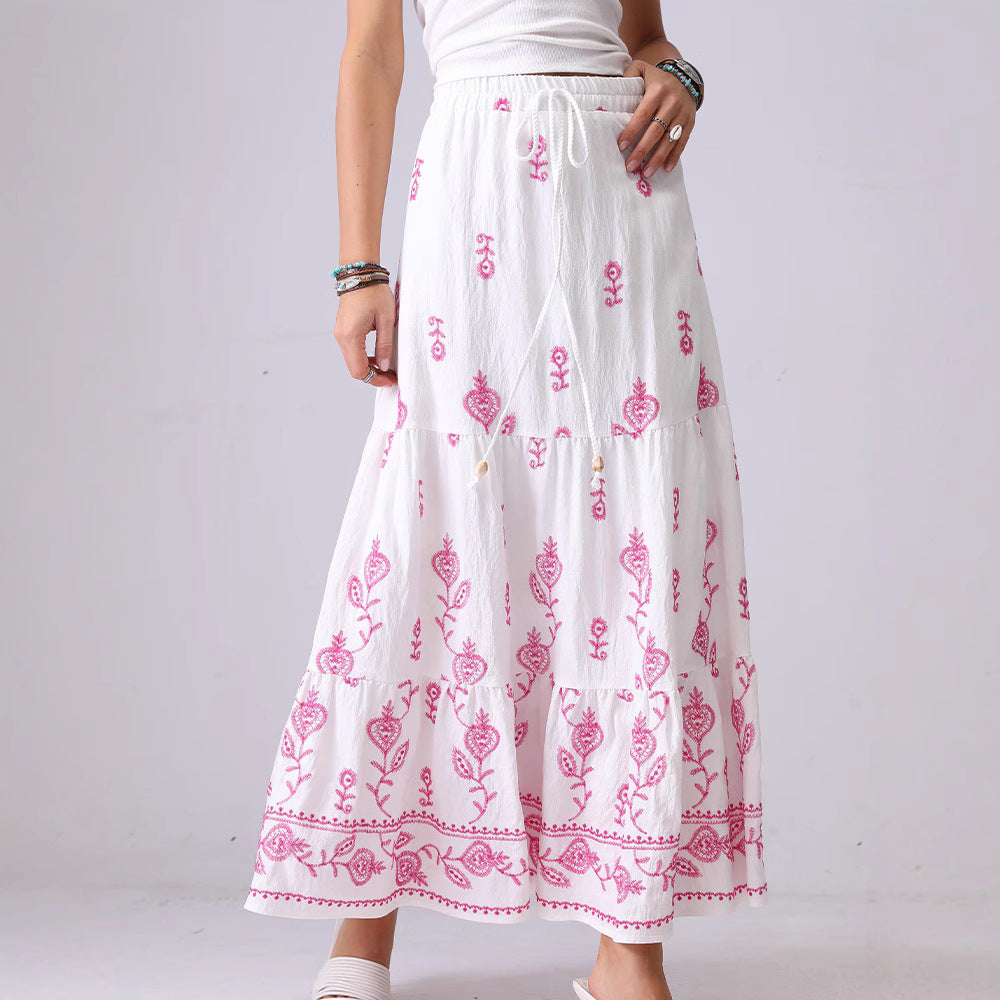 Floral Embroidered String Maxi Skirt