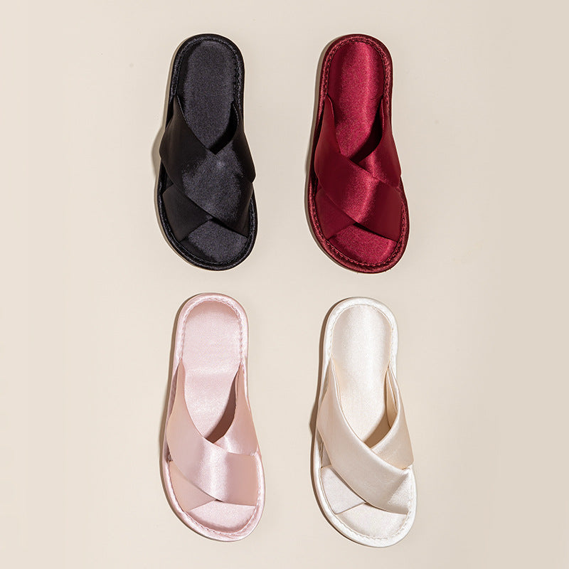 Solid Color Crossed Satin Slide Slippers