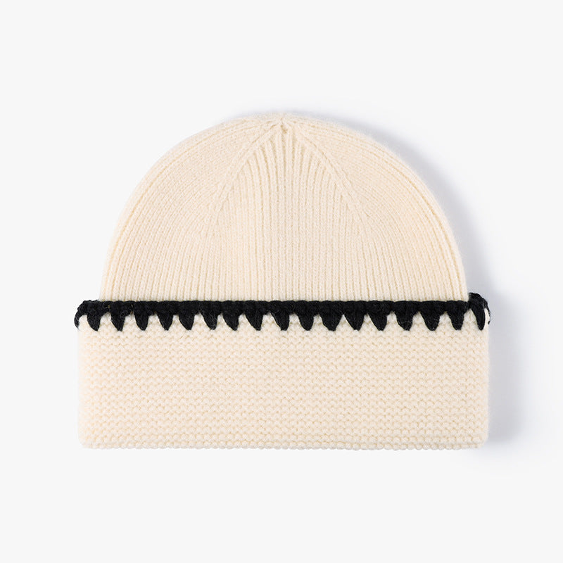 Minimalist Textured Cuffed Contrast Trim Knit Beanie