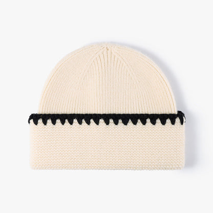 Minimalist Textured Cuffed Contrast Trim Knit Beanie
