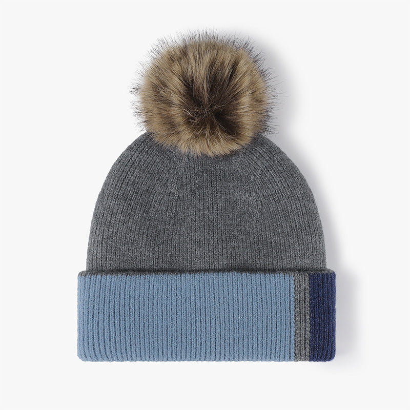 Splicing Color Block Padded Knit Pom Beanie