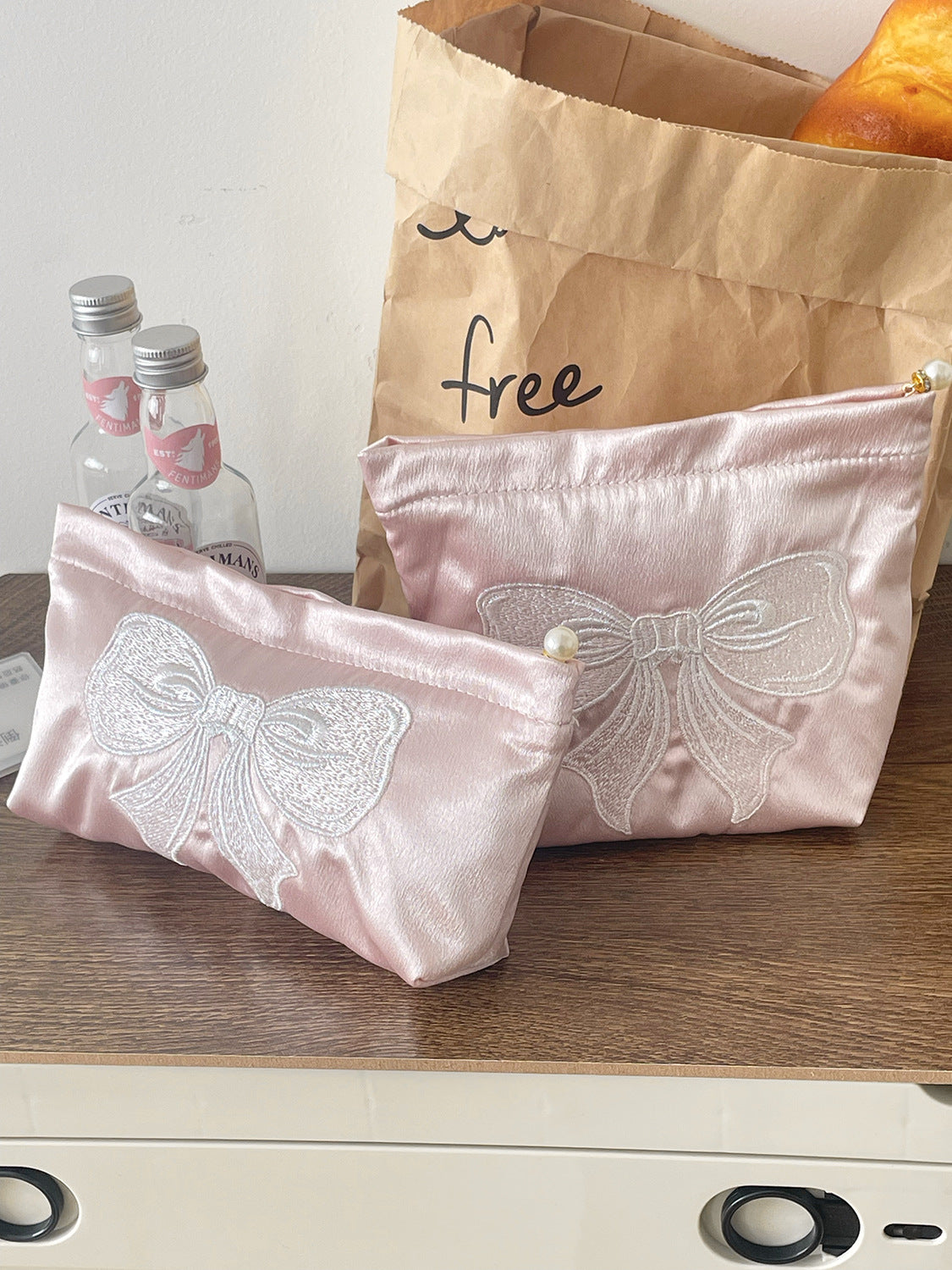Cute Embroidered Bow Satin Makeup Bag