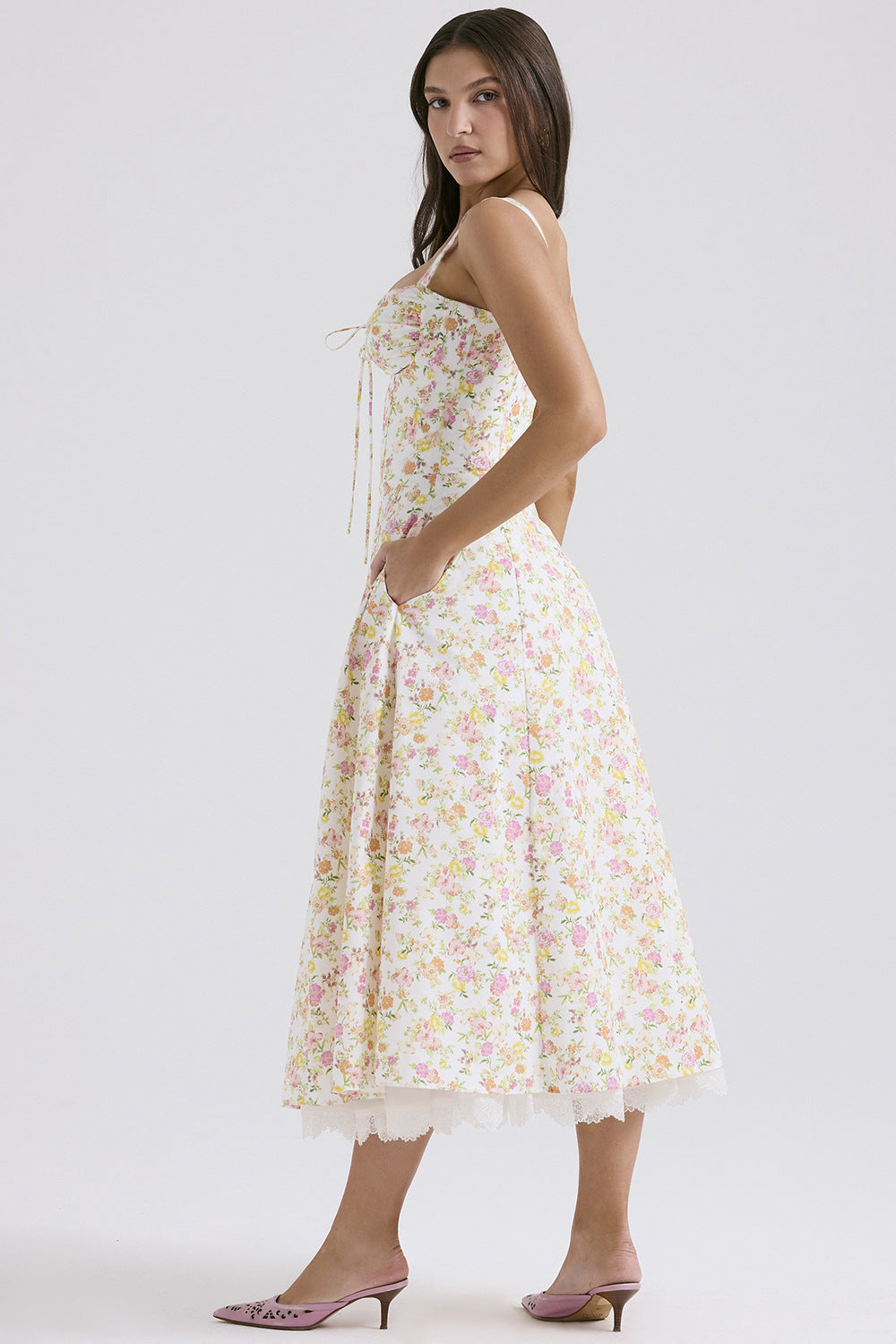 Slim Flower Print Lace Spaghetti Dress
