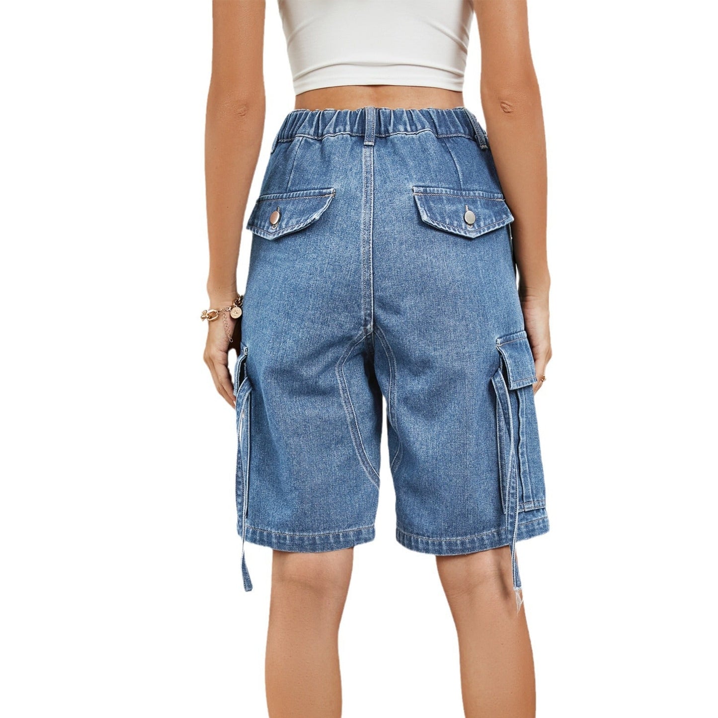 Stylish Mid Waisted Denim Cargo Bermuda Shorts