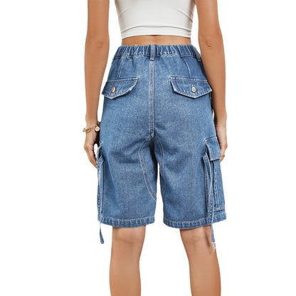 Stylish Mid Waisted Denim Cargo Bermuda Shorts