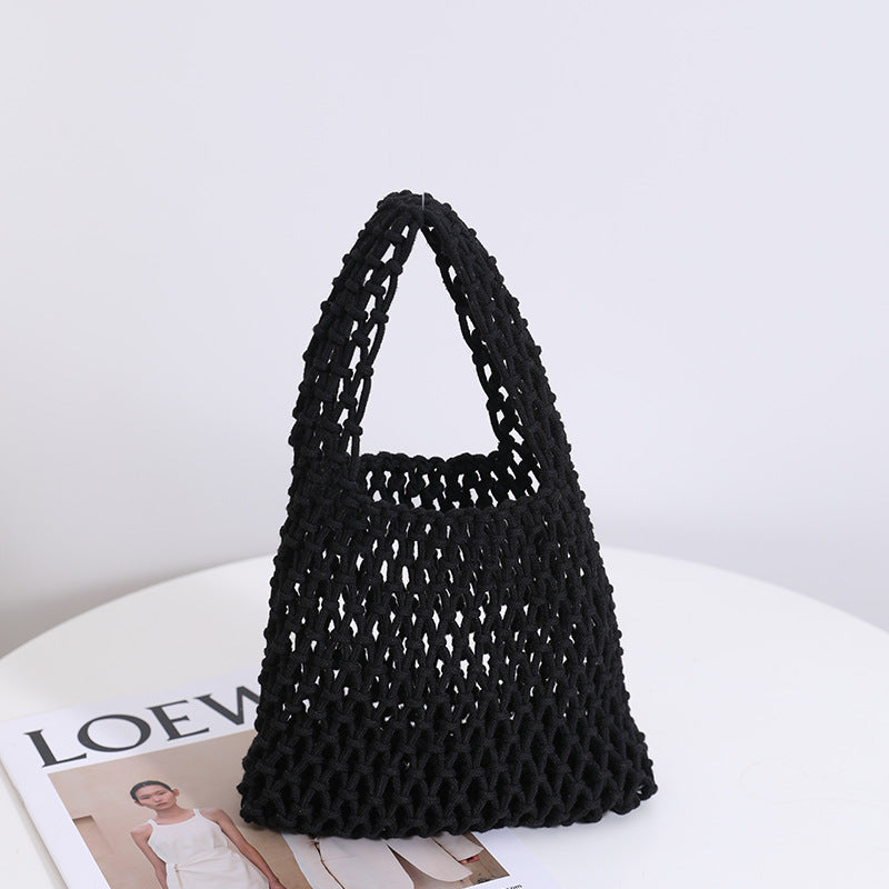 Solid Color Hollow Out Woven Handbag